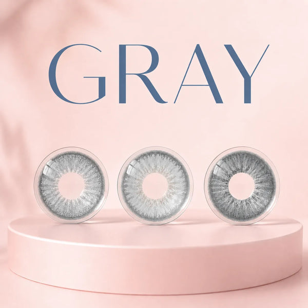Gray contact lens collection with cool tones designed for elegant eye transformation