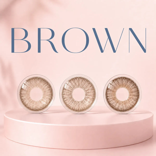 Brown contact lens color guide showing soft natural shades for daily beauty looks