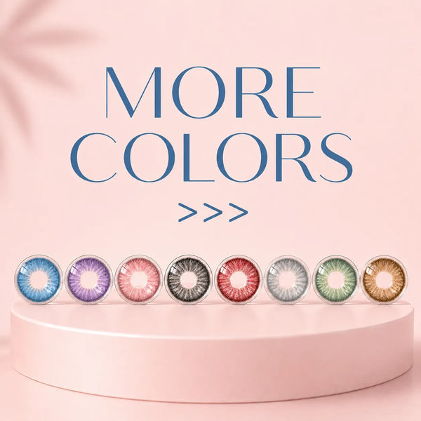 Multiple colored contact lens shades displayed for exploring different eye makeup styles