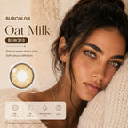 Model wearing Oat Milk Choco colored contacts with warm natural brown eye effect