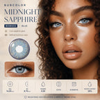 Blue tone contact lens worn by model creating a deep eye look with detailed iris color effect