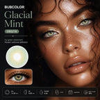 Fashion portrait of a model wearing DBS218 colored contacts with green makeup and noticeable eye enhancement