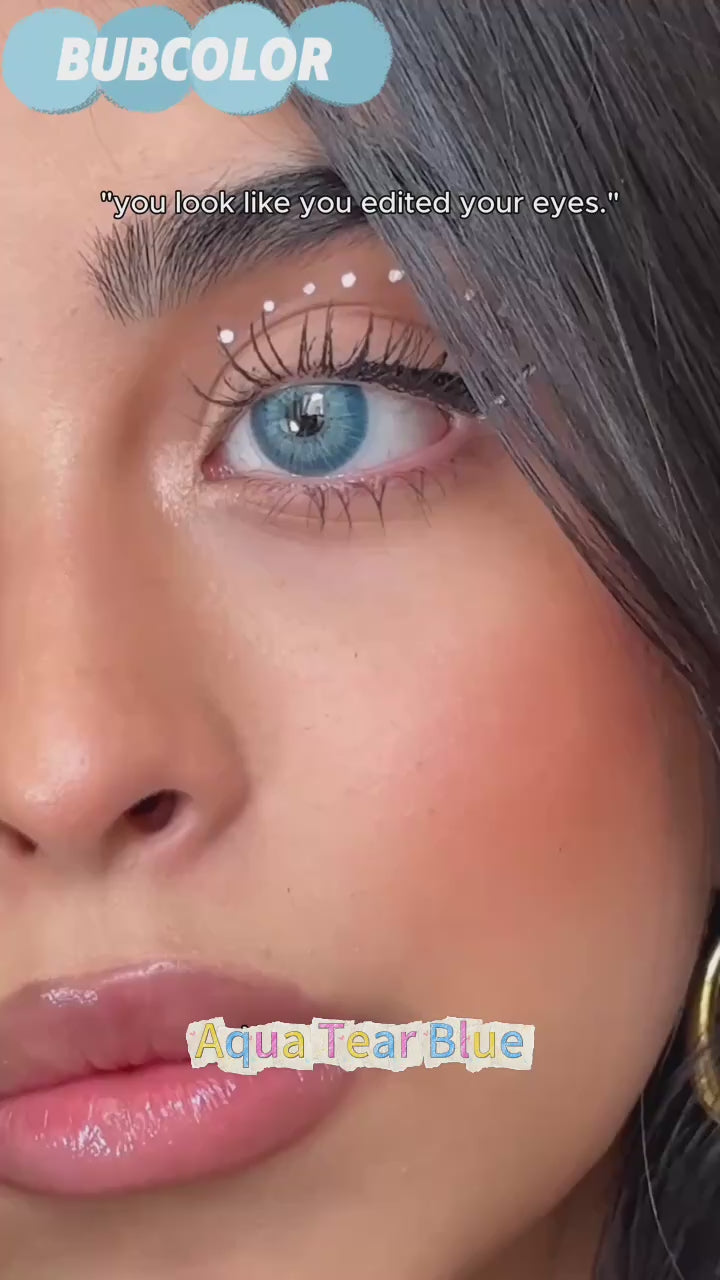 Aqua Tear Blue colored contact lens video showing bright blue lens effect for soft glam eyes